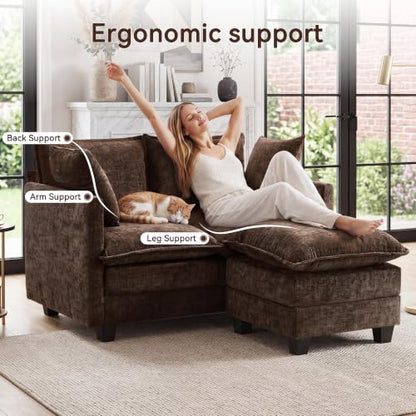 50" Love Seat with Ottoman, Small L Shape Cloud Sofa Couch, 2-Layer Cushion & 27" Deep Seat, 2 Pillows for Small Spaces, Bedroom, Apartment, Office, Living Room, Brown - color: Brown, size: Loveseat with Ottoman