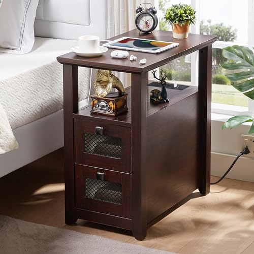 HDDDZSW Farmhouse XXL End Table with Charging Station, Narrow Side Table with USB Ports and Outlets, Nightstand with 2 Drawers Storage, Bedside Tables for Living Room, Bedroom, Rustic Cherry | Farmhouse Narrow Side Table with USB Ports and Outlets, Nights