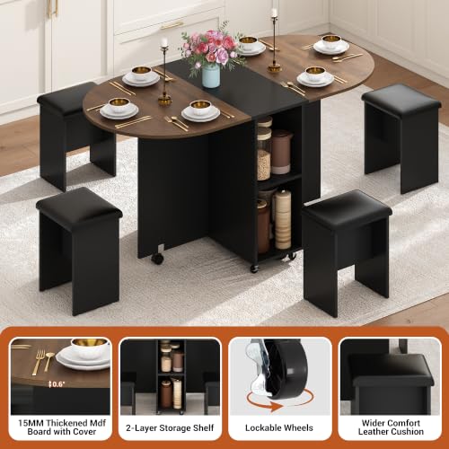 5 PCS Farmhouse Dining Table Set for 4,60" Large Round Folding Dining Table Set w/ 4 Leather Chairs, Drop Leaf Oval Modern Kitchen Table for Small Spaces,6 Wheels,2-Layer Storage Shelf,Walnut - color: Walnut
