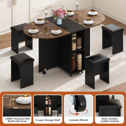 5 PCS Farmhouse Dining Table Set for 4,60" Large Round Folding Dining Table Set w/ 4 Leather Chairs, Drop Leaf Oval Modern Kitchen Table for Small Spaces,6 Wheels,2-Layer Storage Shelf,Walnut - color: Walnut