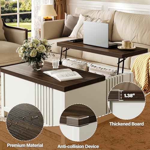 knoworld Farmhouse Lift Top Coffee Table with Storage, 35" Square Large Coffee Table with Hidden Compartment, Rustic Wood Center Table for Living Room, White