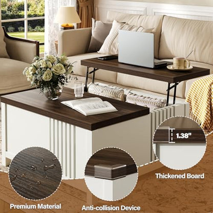 knoworld Farmhouse Lift Top Coffee Table with Storage, 35" Square Large Coffee Table with Hidden Compartment, Rustic Wood Center Table for Living Room, White