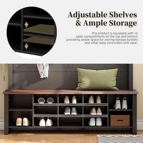 JIVOIT Farmhouse Retro Style Hall Tree, Multi-functional 4-in-1 Design Hall Tree, Practical Walnut Entryway Bench with Adjustable Shelves, Shoe Organizer with 16 Open Compartments for Entryway - color: Black/07