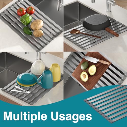 COOL-ANGLE Aluminum Roll Up Dish Drying Rack, 17.7x13.4 Inches, Matte Gray | Rust proof aviation aluminum, Heat resistant trivet up to 400F, Fits sinks up to 16.8 inches, Foldable for compact RV storage - size: Rectangle 17.7'' x 13.4''