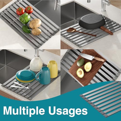 COOL-ANGLE Aluminum Roll Up Dish Drying Rack, 17.7x13.4 Inches, Matte Gray | Rust proof aviation aluminum, Heat resistant trivet up to 400F, Fits sinks up to 16.8 inches, Foldable for compact RV storage - size: Rectangle 17.7'' x 13.4''