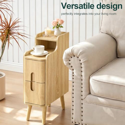 FurSch Narrow Nightstand, Wooden 2 Drawer, Natural, 1 pc | Slim Side End Table, Skinny Bedside Table, Mid Century Modern, with Drawers for Bedroom - color: Natural 3-1 Pc