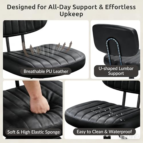 Swivel Rolling Office Chair, Armless Pu Leather Vanity Chair with Back Lumbar Support Height Adjustable Computer Chair, Small Desk Chair for Home Office, Black - color: Black
