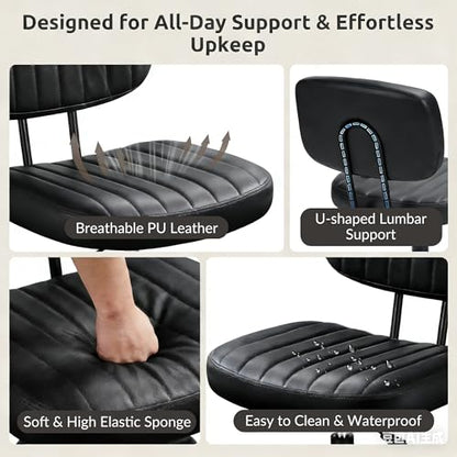 Swivel Rolling Office Chair, Armless Pu Leather Vanity Chair with Back Lumbar Support Height Adjustable Computer Chair, Small Desk Chair for Home Office, Black - color: Black