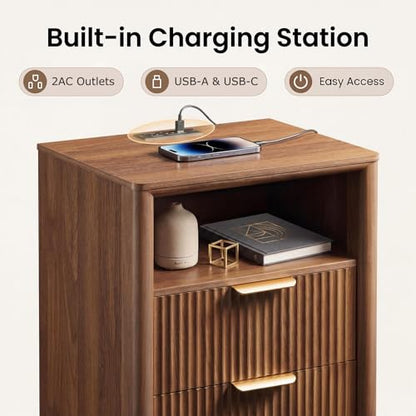 LYNCOHOME 19.7" Fluted Nightstands Set of 2 with Charging Station, 2 Drawer Bedside Table, Modern Night Stand with Curved Edge, Wooden End Table for Bedroom, Rounded Night Stand with Storage, Walnut - size: 15"D x 19.7"W x 24.2"H（2 Drawers）