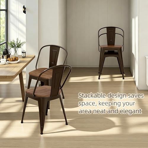 18 Inch Dining Chairs Set of 4, Farmhouse Metal Chairs with High Back and Wooden Seat, Stackable Industrial Bar stools for Dining Room(Rusty) - color: Rusty