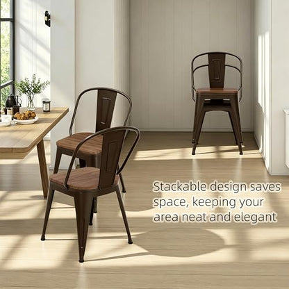 18 Inch Dining Chairs Set of 4, Farmhouse Metal Chairs with High Back and Wooden Seat, Stackable Industrial Bar stools for Dining Room(Rusty) - color: Rusty