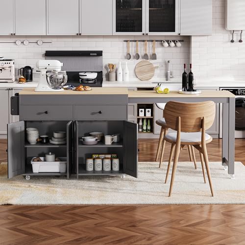74" Extendable Rolling Kitchen Island, Portable Kitchen Island, Kitchen Island on Wheels with Lockable Casters for Kitchen Dining Spaces, Grey