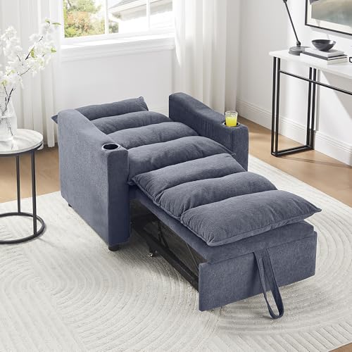 SLEERWAY 3 in 1 Convertible Sleeper Sofa Bed, 36.14" W Easy Pull Out Chair Bed with Dual Cup Holders, Comfy Thick Padding Futon Love Seat with Adjustable Backrest for Living Room Small Space (Grey) - color: Grey, size: 36.14"