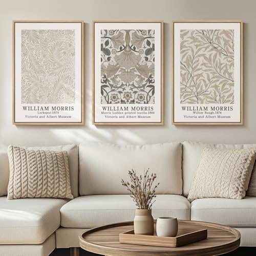 Framed William Morris Canvas Wall Art Set of 3, Vintage Large Neutral Botanical Floral Prints, Nature Artwork for Living Room, Bedroom, Hallway or Office Decor, 16x24 Inch - color: Vintage, size: 16"W x 24" H x 3Pcs