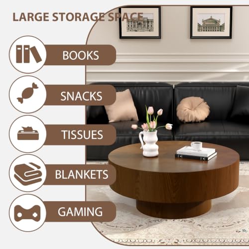 Brown Round Drum Coffee Table with Pedestal Base | 30.5'' Modern Wooden Drum Center Table, Brown Wood Finish Drum Shape, Wooden Structure, For Living Room & Apartment - color: Brown