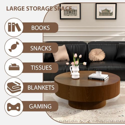 Brown Round Drum Coffee Table with Pedestal Base | 30.5'' Modern Wooden Drum Center Table, Brown Wood Finish Drum Shape, Wooden Structure, For Living Room & Apartment - color: Brown