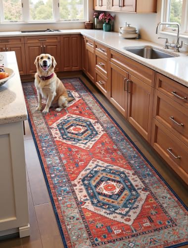 SERISSA 2'6"x10' Washable Non Slip Boho Runner Rug for Hallway，Rust | Ultra Soft Vintage Oriental Carpet Low-Pile Tribal Floor Carpet for Kitchen Stair Bedroom Bathroom Laundry Room - color: Rust/Multi, size: 2'6" x 10' (Runner)