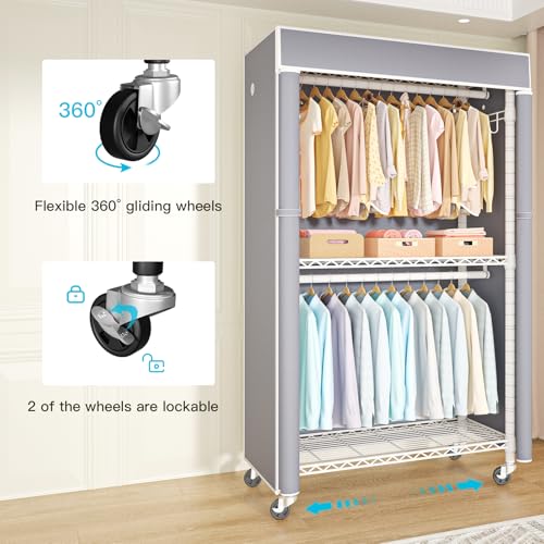 White Clothing Rack with Grey Cover, P1C Rolling Closets | Metal Garment Rack for Hanging Clothes, Clothing Storage Wardrobe, with Wheels - color: White Rack With Grey Cover
