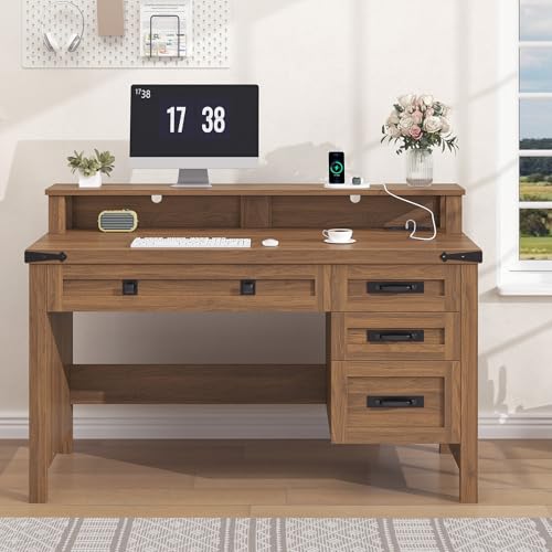 47" Farmhouse Computer Desk with 4 Drawers for Home Office, Bedroom | Executive Desk with Power Outlets, Home Office Desk with Monitor Stand & Drawers, Small Desk Writing Study Table, Brown - color: Brown