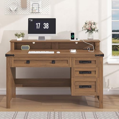 47" Farmhouse Computer Desk with 4 Drawers for Home Office, Bedroom | Executive Desk with Power Outlets, Home Office Desk with Monitor Stand & Drawers, Small Desk Writing Study Table, Brown - color: Brown