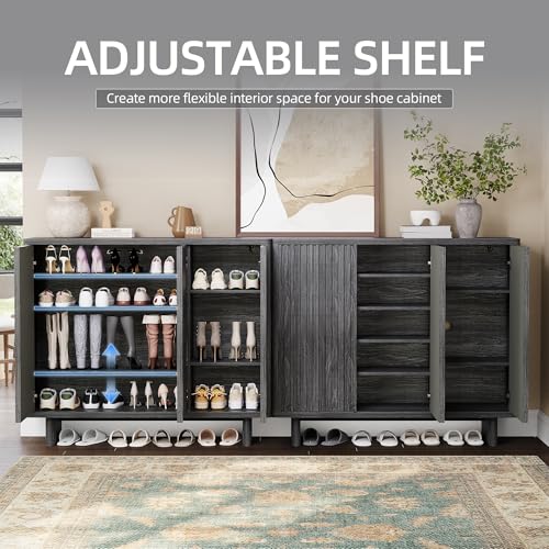 GarveeHome 46 Inch Shoe Cabinet with 4 Adjustable Shelves, 5-Tier Fluted Door Storage, Pop-Up One-Touch Opening, Anti-Tip Hardware, Freestanding Rustic Shoe Bench for Entryway & Hallway