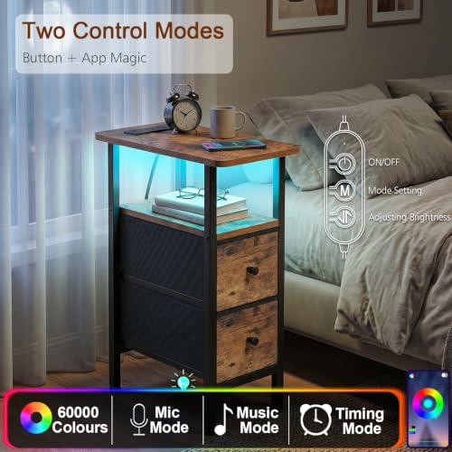 Narrow End Table with Charging Station, Small Nightstand | Skinny Side Tables Living Room with 2 Fabric Drawers, Bedside Table with LED Lights for Bedroom, Small Spaces, Rustic Brown - color: Rustic Brown + Black, size: 23.22''H (2 Drawers), style: Power