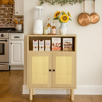 Boho Accent Cabinet with Rattan Doors, Small Sideboard Buffet, Oak | Small Sideboard Buffet Cabinet for Entryway, Living Room, Kitchen Coffee Bar - color: Oak