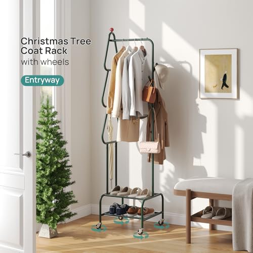 viewcare Coat Rack with Wheels, 4 Hooks Rolling Garment Rack, 360° Swivel Wheels with Brake, Heavy Duty Metal Rustproof for Entryway Bedroom