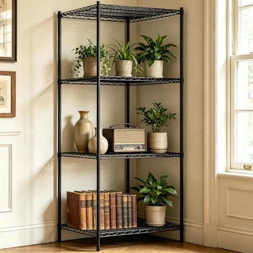Wire Storage Standing Shelf Rack Tower, Corner Metal Shelving Unit with Adjustable Shelves, Space-Saving Organizer for Garage, Kitchen, Bathroom, 23.5 * 23.5 Inch - size: 4 Tier 23.5 Inch Width