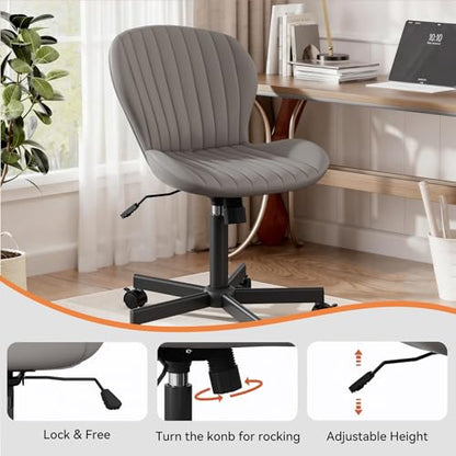 Armless Office Chair, PU Leather Office Chair with Wheels & Adjustable Height, Swivel Rocking Computer Chair, Ergonomic Soft Padded Office Chairs for Small Space, Study and Vanity, Grey - color: Grey