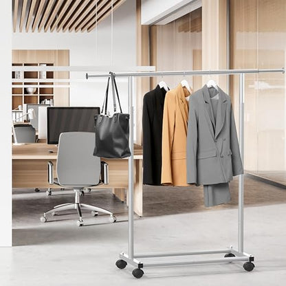Simple Houseware Standard Rod Garment Clothing Rack, Silver | Single Rail, Extendable Width from 30 to 47 Inches, Rolling Clothing Organizer for Bedroom, Laundry, Living Room - color: Silver