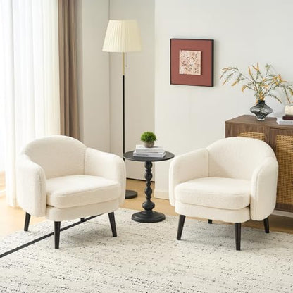 VINGLI 30.3" Wide Modern Barrel Accent Armchairs Set of 2 with Track Armrest, Solid Wooden Legs, Comfy Upholstered Club Chairs, Single Home Sofa for Living Room, Bedroom, Reading,Teddy Fleece White - color: White