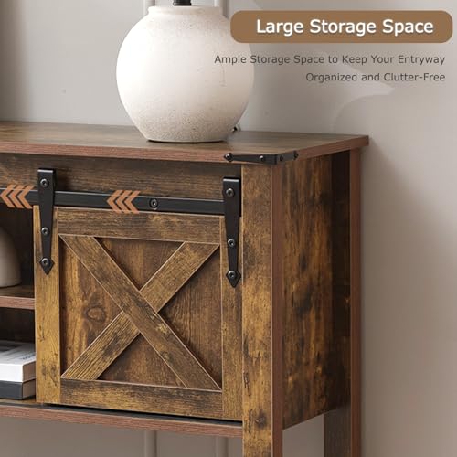 Farmhouse Entryway Table with Sliding Barn Doors, Wood Console Table with Storage Shelf, Rustic Sofa Table for Living Room, Entryway, Foyer, Brown - color: Brown