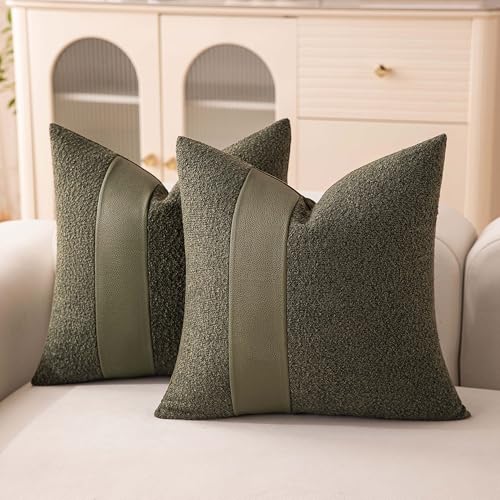 Set of 2 Decorative Boucle Pillow Covers 18x18 Inch Sage Green Textured Faux Leather Throw Pillows for Couch, Cozy Soft Solid Boho Fluffy Accent Pillowcases for Bed Living Room Home DéCor - color: Sage Green