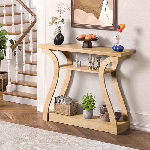 Wood Console Table, 3-Tier Natural Accent Sofa Table | 47" Entry Table with Curved Legs, 3-tier Shelf Modern Accent Sofa Table for Entrance Area, Living room, Hallway - color: Natural