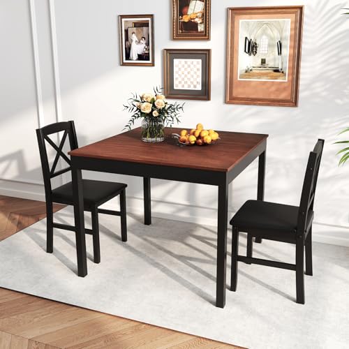 GOFLAME 3-Piece Dining Table Set for 2, Wooden Square Kitchen Table with 2 Upholstered Chairs, Space-Saving Dining Room Furniture Set for Dining Room, Breakfast Nook, Small Space, Brown & Black - color: Brown & Black