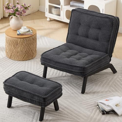ANJ Armless Accent Chair with Ottoman Adjustable Backrest, Black Living Room Chair Tufted Upholstered Lounge Chair with Footrest Set, Modern Chair Cozy Reclining Chair for Reading Room Bedroom - color: Black, size: 1