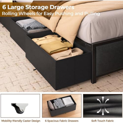 Full Size Bed Frame with Storage Headboard, 6 Drawers, LED&Charging | 2-Tier Fabric Upholstered Headboard, Charging Station&RGB Lights, No Box Spring Needed, easy assembly, Noise-Free - color: Dark Gray, size: Full