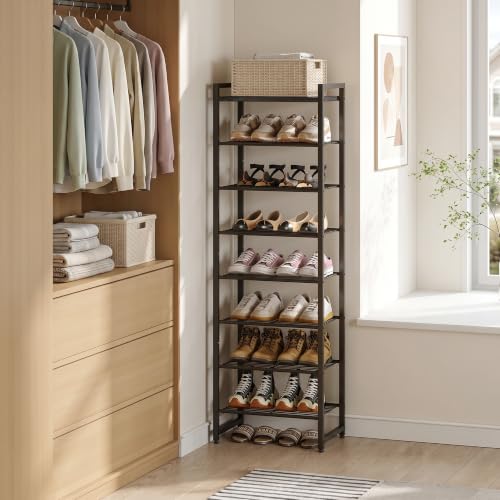 Narrow Shoe Rack 8-Tier, Tall Shoe Organizer for Small Spaces | Black, Holds Up to 18 Pairs, for Closets, Entryways, Garage, Dorm Rooms, Reinforced Wire Shelves, Wood Top - color: Black, size: 8 Tier