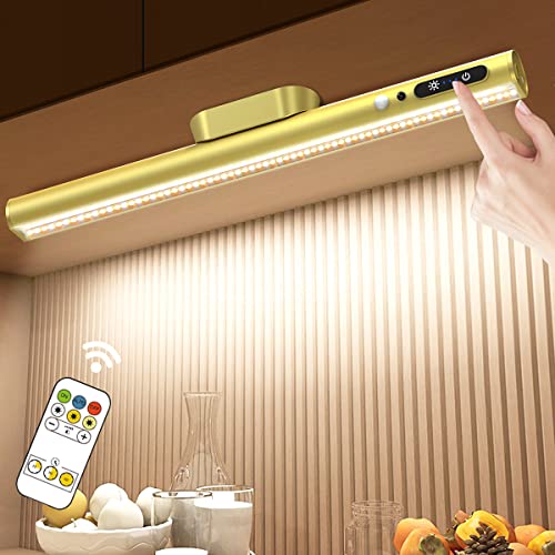 Hapfish Motion Sensor LED Light Bar Indoor,Under Cabinet Lighting Wireless | Rechargeable Magnetic Battery Powered Operated Wall Strip Lights with Remote Control for Desk Mirror Closet Kitchen - Gold - color: Gold, size: Motion Sensor