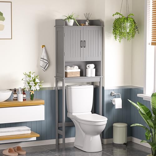 Yardenaler Over-The-Toilet Storage Shelf with Doors, Bathroom Freestanding Organizer Space Saver with Adjustable Shelf, Gray - color: Grey