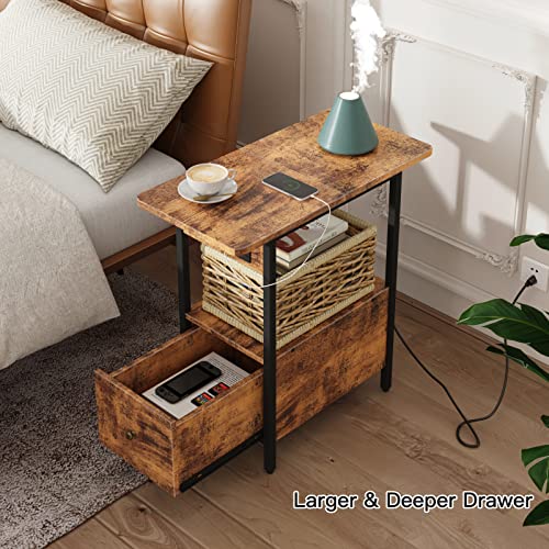 LIDYUK End Table with Charging Station, Narrow Side Table with Drawer | Equipped with USB Ports & Power Outlets, Nightstand Bedside Tables for Small Spaces, Bedroom, Living Room, Rustic Brown - color: Rustic Brown, size: Pack of 1
