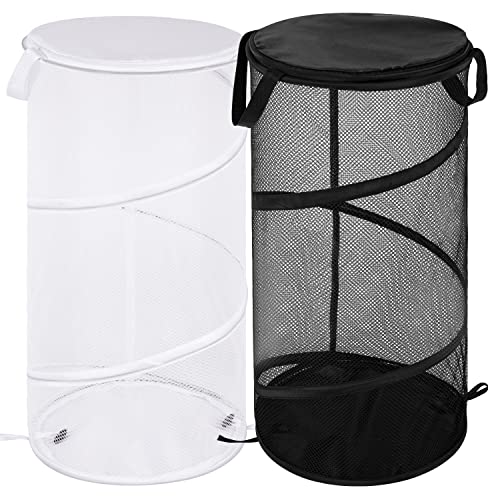 BATTOO 2 Pack Collapsible Laundry Basket with Lid Foldable Mesh Pop Up Hamper with Handles for Laundry Room, Bathroom, Kids Room, College Dorm, Travel, Storage Organizer Black+White - color: Black+White, size: Medium