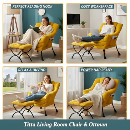 Lazy Chair with Ottoman, Comfy Reading Accent Chair, Velvet Yellow | Foldable Footrest, Padded Seat and Backrest, Side Pocket for Lounging in Living Rooms, Bedrooms, Dorms and Small Spaces - color: Yellow