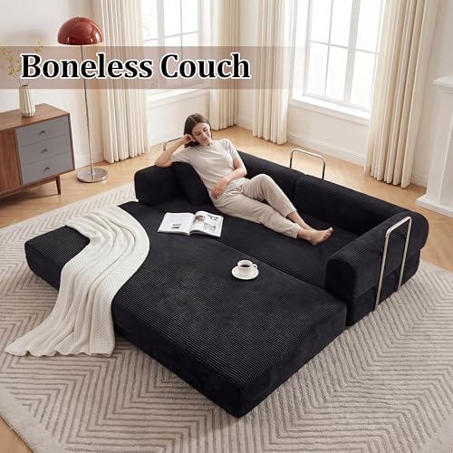 79" Boneless Couch,4-in-1 Futon Sofa Bed Modular Loveseat Sleeper Folding Compressed Couch with Pillows,No Assembly Required Convertible Sofa Bed for Living Room Bedroom Guest Room,Black - color: Black, size: 79” Sofa