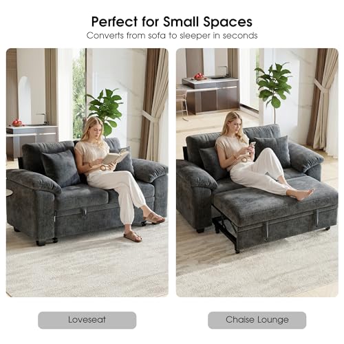 61” Pull Out Couch, 2 in 1 Sleeper Sofa Bed with Throw Pillow, Convertible Small Loveseat Sleeper Couch for Living Room, Bedroom, Apartment (Gray) - color: Grey, size: 2 Seat Sleeper