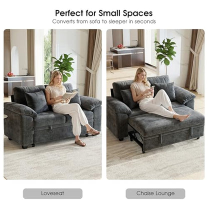 61” Pull Out Couch, 2 in 1 Sleeper Sofa Bed with Throw Pillow, Convertible Small Loveseat Sleeper Couch for Living Room, Bedroom, Apartment (Gray) - color: Grey, size: 2 Seat Sleeper