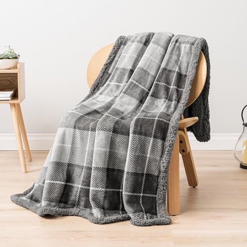 PAVILIA Plaid Sherpa Throw Blanket for Couch Sofa Bed, Light Grey, 50x60 | GSM 460; Soft Plush Flannel Fleece; Warm&Cozy for Home; Machine Washable, Perfect Cabin Decor Winter Holiday Christmas Gift - color: Plaid Light Gray, size: 50 x 60 Inches