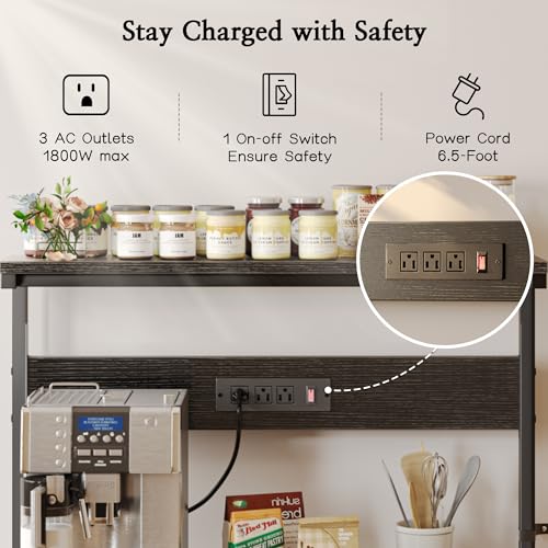 SUPERJARE Bakers Rack with Power Outlets, Microwave Stand, 31.5 X 16.5 Inch Larger Desktop, Kitchen Storage Rack with Adjustable Middle Shelf, 6 S-Shaped Hooks, Coffee Bar Stand, Black - color: Black, size: 31.5 inch