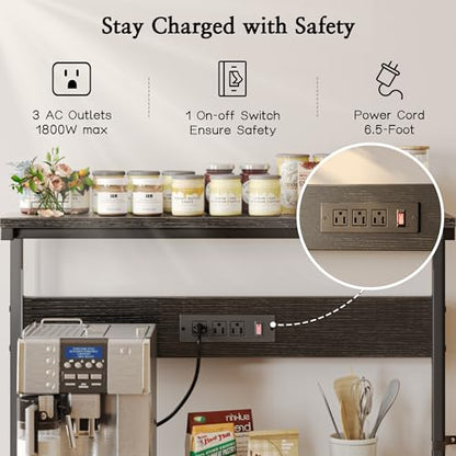 SUPERJARE Bakers Rack with Power Outlets, Microwave Stand, 31.5 X 16.5 Inch Larger Desktop, Kitchen Storage Rack with Adjustable Middle Shelf, 6 S-Shaped Hooks, Coffee Bar Stand, Black - color: Black, size: 31.5 inch